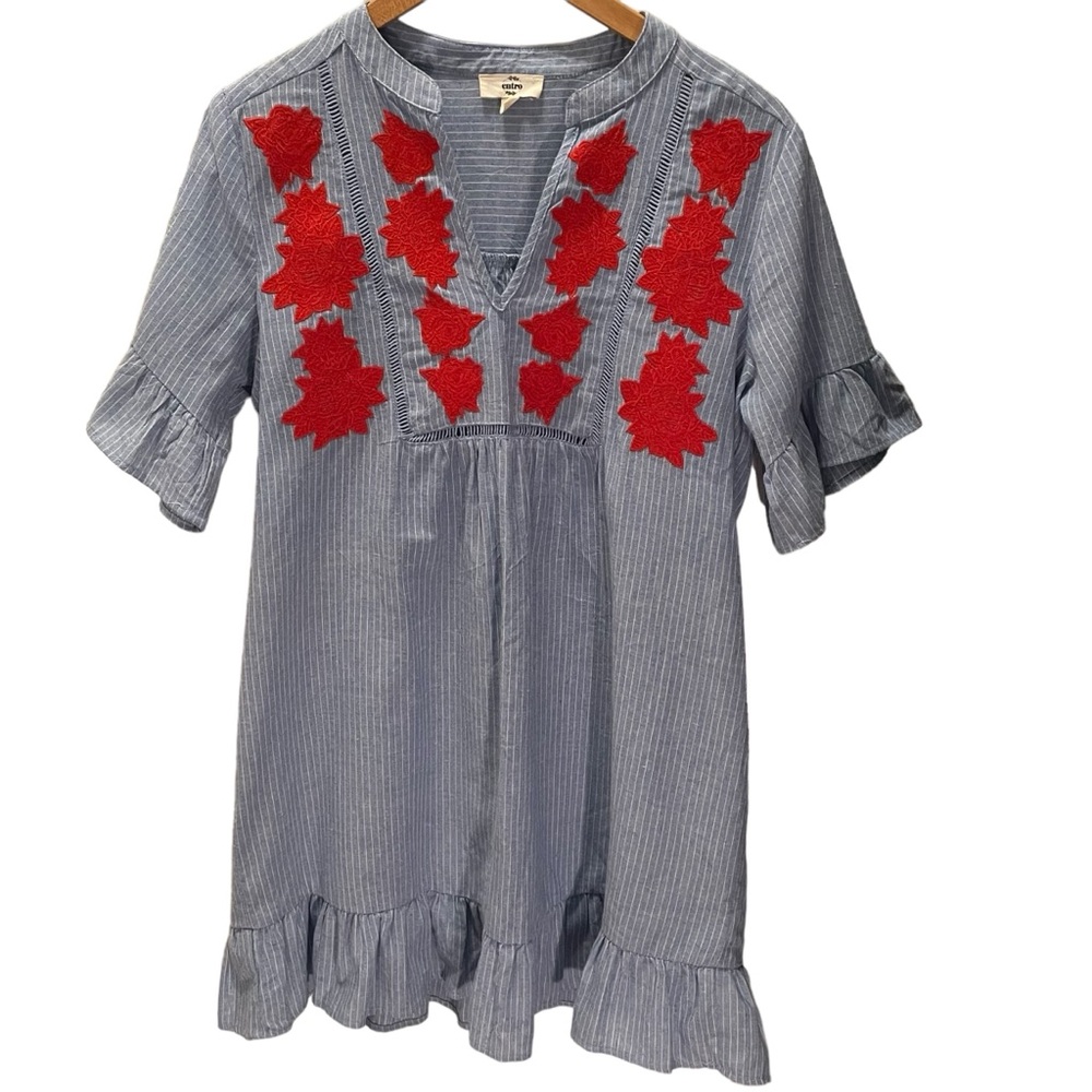 Entro Anthropologie Pinstripe Dress with Red Floral Embellishments